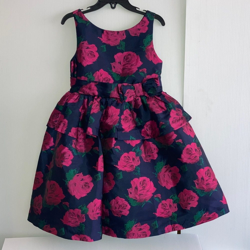 Janie & Jack Navy Pink Rose Peplum Party Holiday Special Dress Size 5